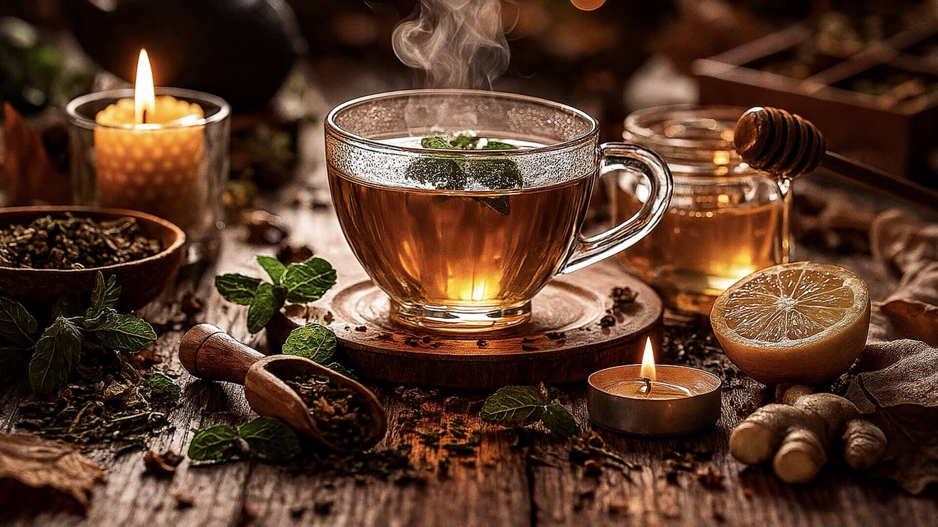 šálek s čajem a svíčka na dřevěném stole